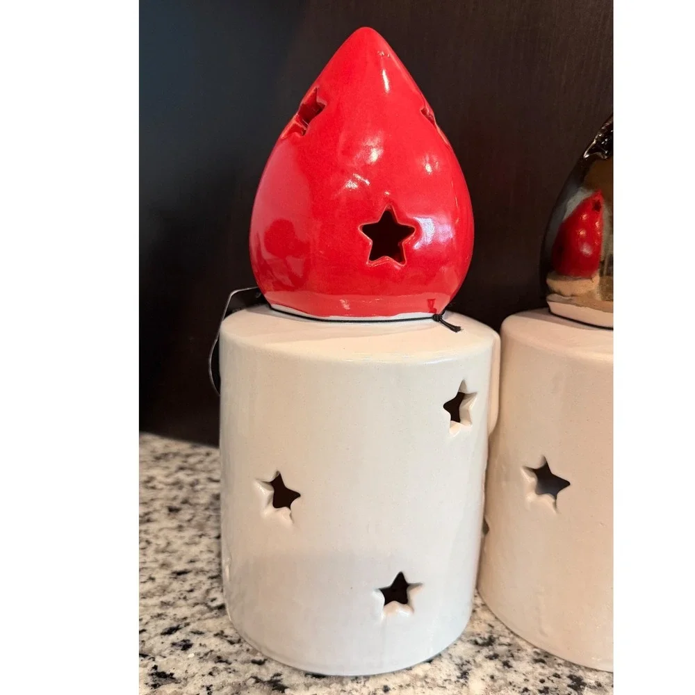 Handcrafted Ceramic Star‎ Cutout Candle Holders Set of 2 Red Gold Vietnam Decor